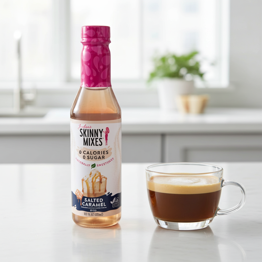 Bottle of Jordan's Skinny Mixes salted caramel sweetener next to a cup of coffee on a kitchen counter.