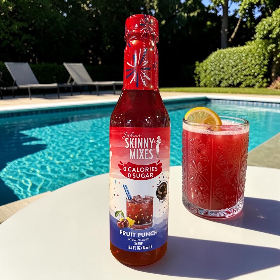 A bottle of Jordan's Skinny MIx in the flavor fruit punch next to a glass of fruit punch and a slice of lemon next to a pool.