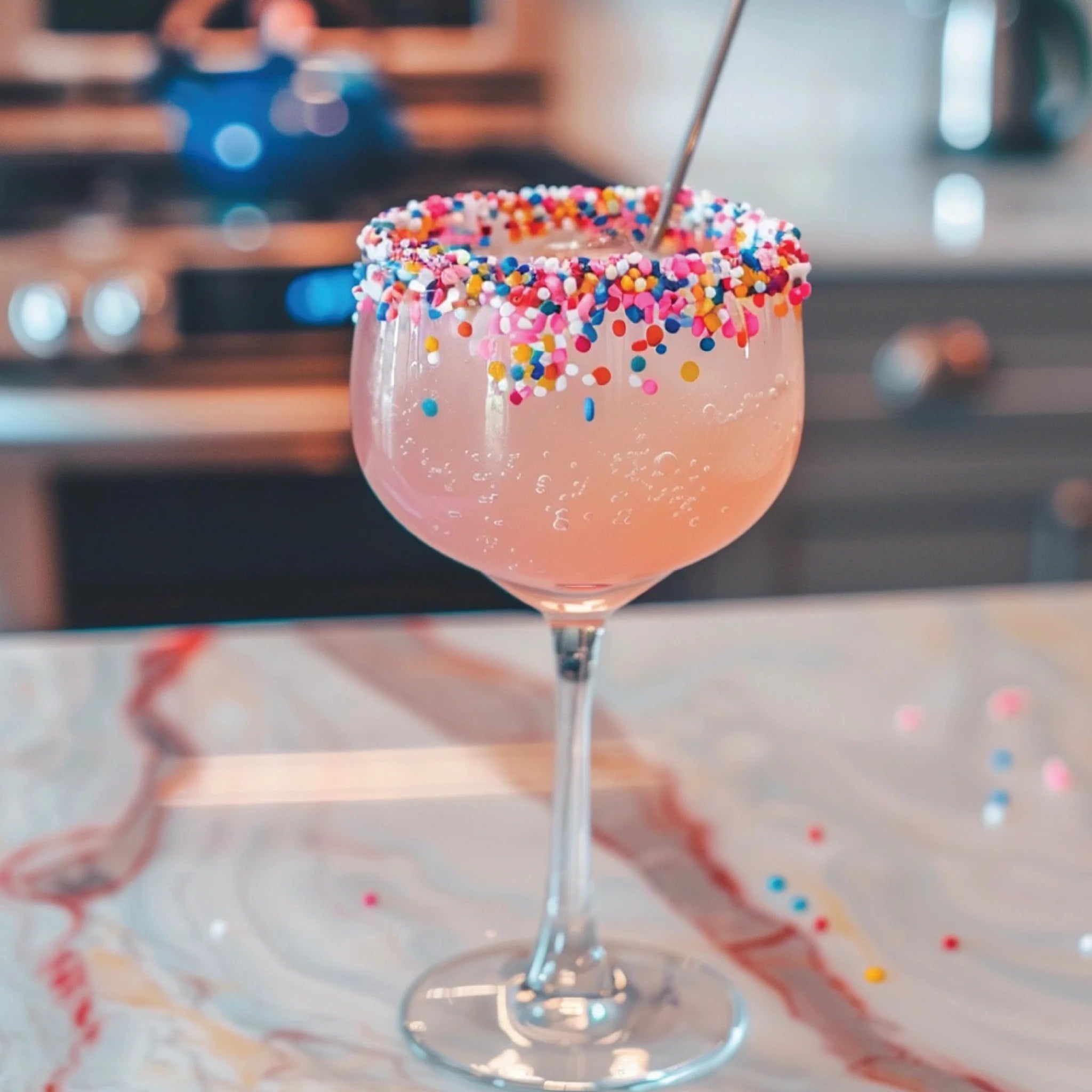 Jordan's Skinny Mix Cotton Candy 750ml flavoring an adult beverage in a long stem glass with sprinkles on the rim.