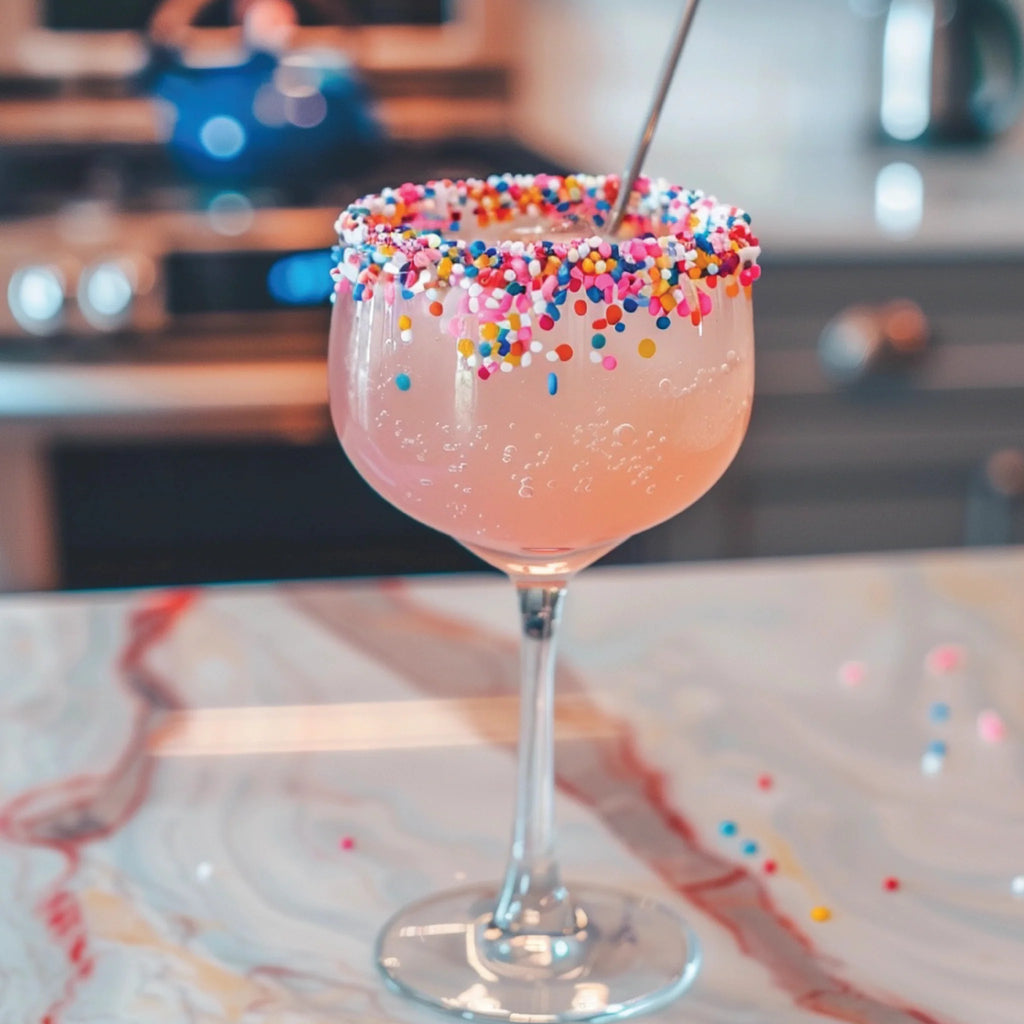 Jordan's Skinny Mix Cotton Candy syrup 375ml flavoring a fun party dink in a long stem glass with sprinkles on the rim.