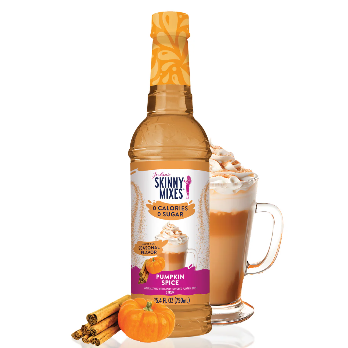 Jordan's Skinny Mixes Pumpkin Spice syrup with a glass of pumpkin spice latte and pumpkins with cinnamon sticks next to bottle