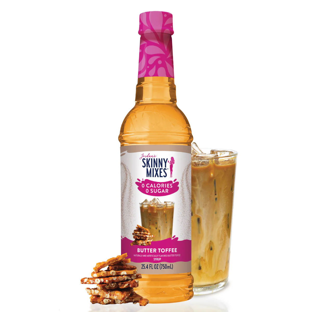 Skinny Mixes Butter Toffee syrup bottle with a glass of iced coffee and toffee