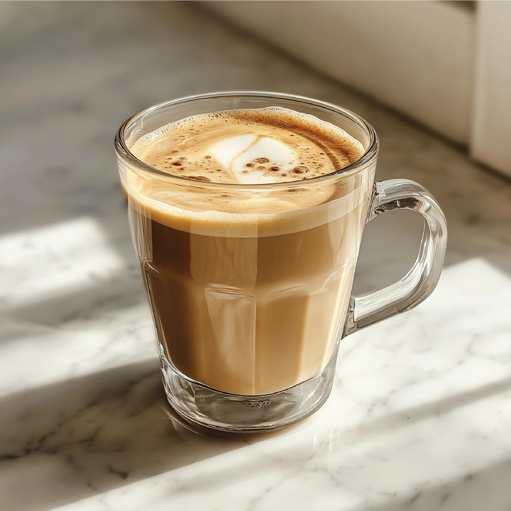 Glass mug of cappuccino with sunlight casting shadows that looks like a warm delicious drink