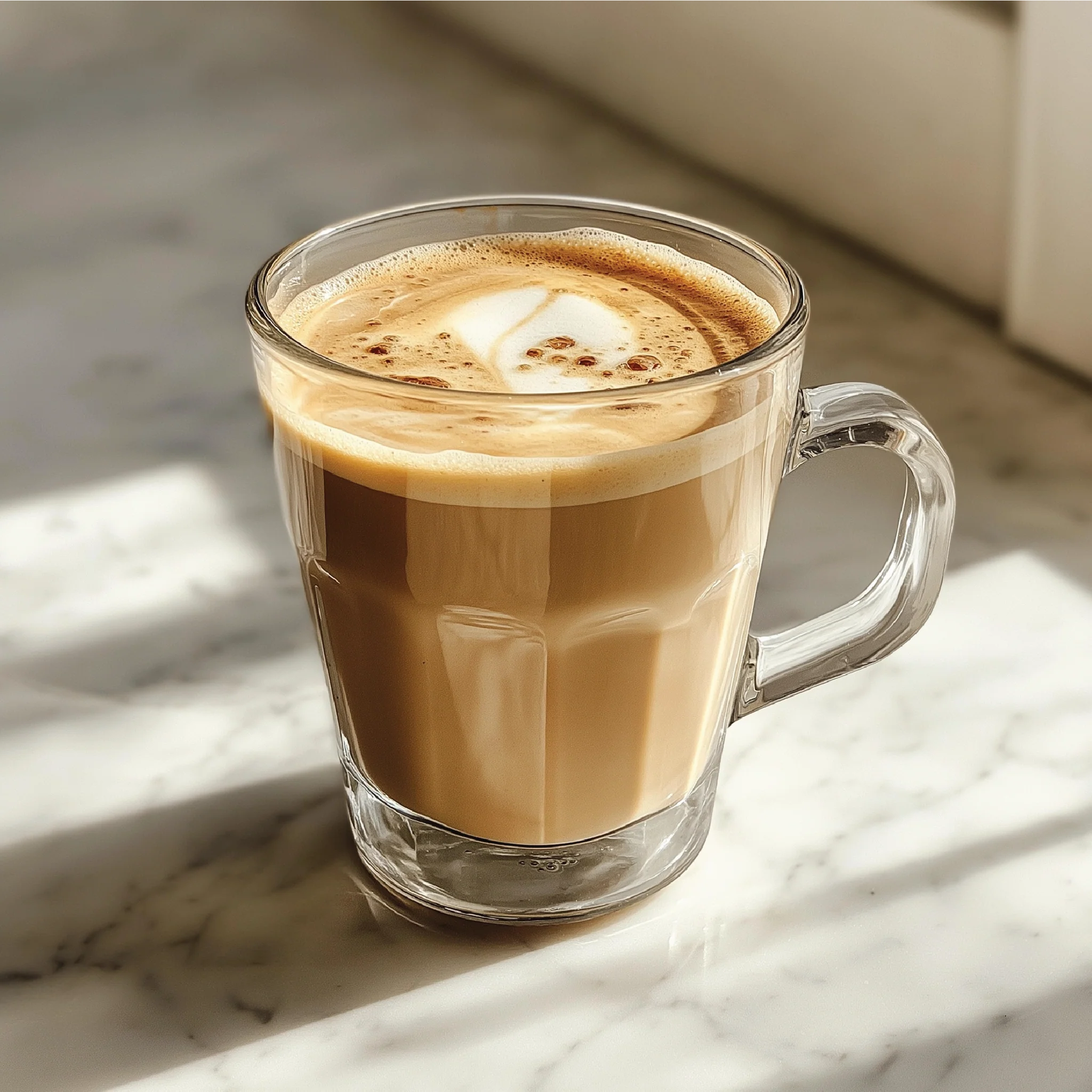Glass mug of cappuccino with sunlight casting shadows that looks like a warm delicious drink