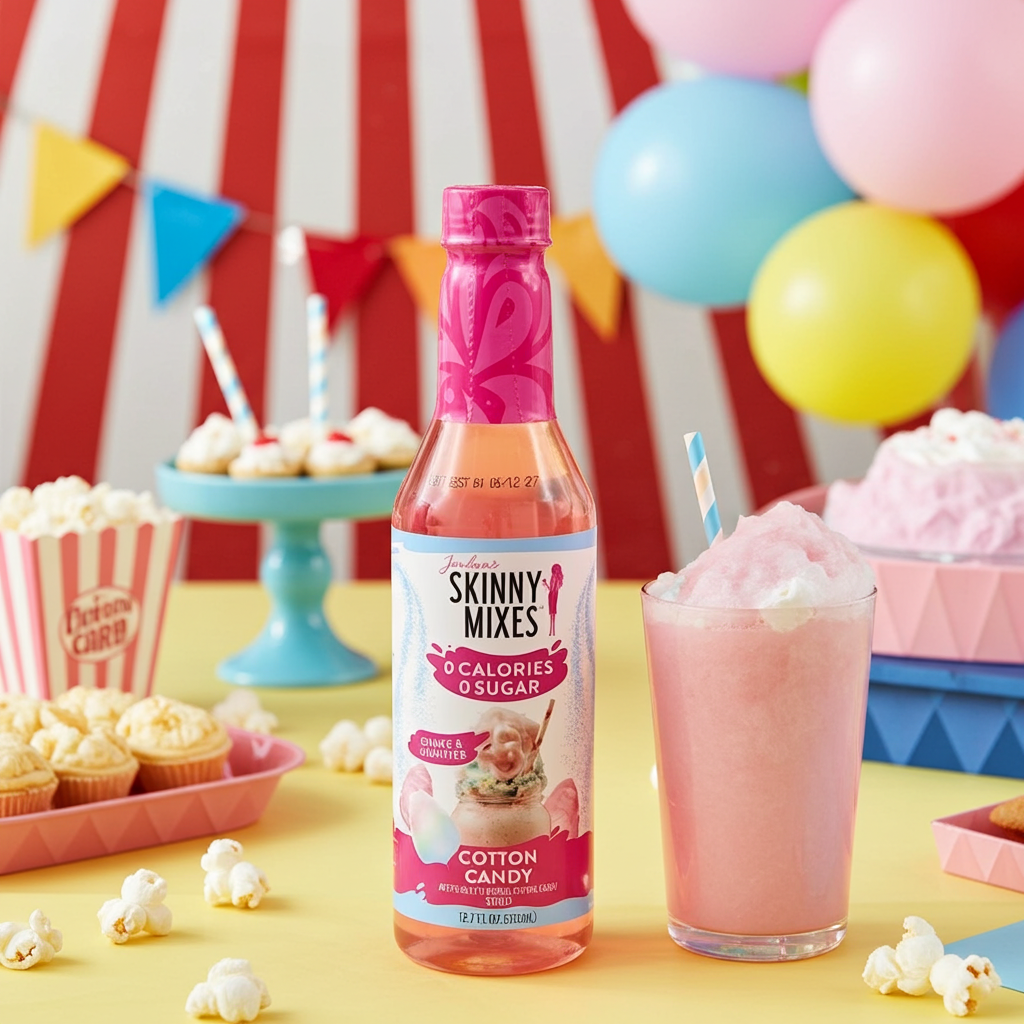 A bottle of Skinny Mixes Cotton Candy flavored drink stands next to a pink cotton candy milkshake on a yellow table, with cupcakes, popcorn, balloons, and a red-and-white striped circus-style backdrop in the background.