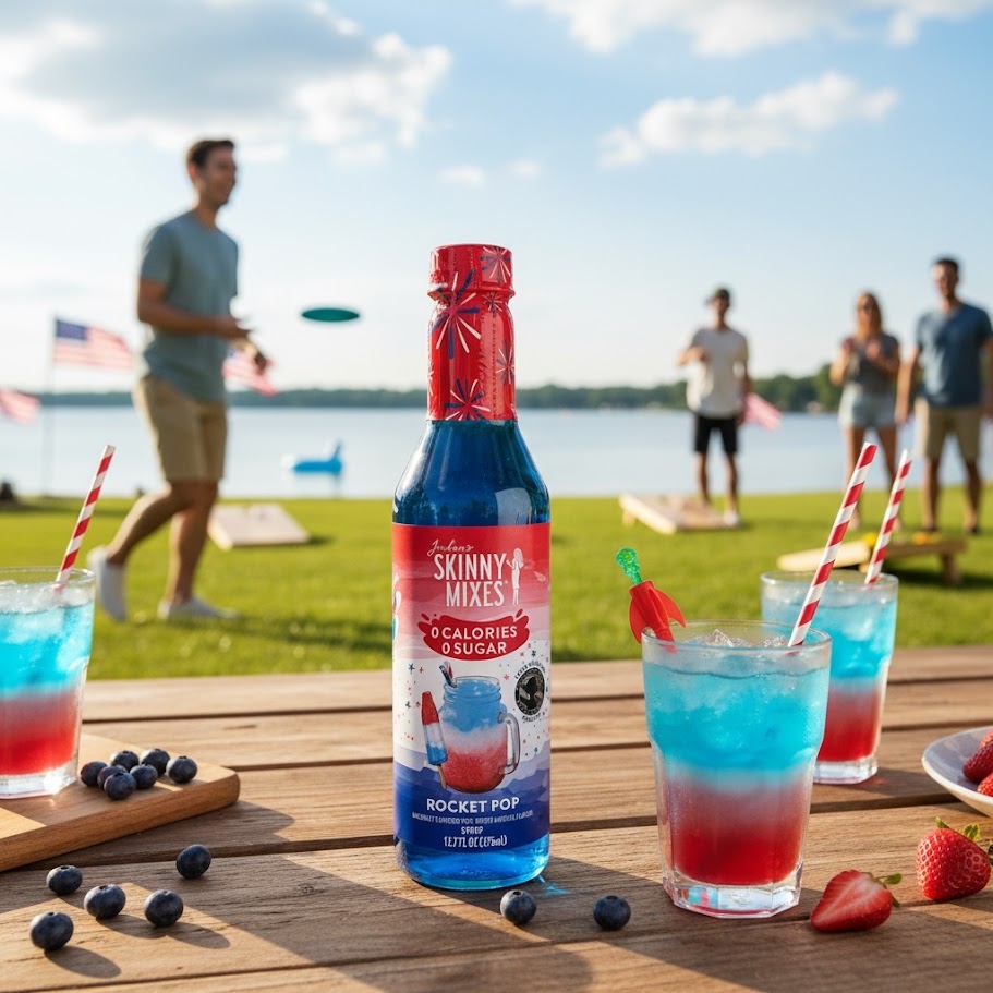 A bottle for Jordan's Skinny Mix on a table with iced beverages and fruit