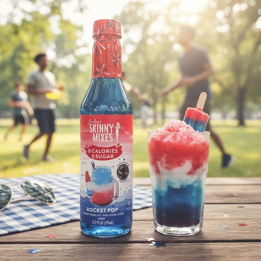 A bottle of Jordan's Skinny Mix 375ml Rocket Pop set next to a frozen beverage using Rocket Pop flavoring