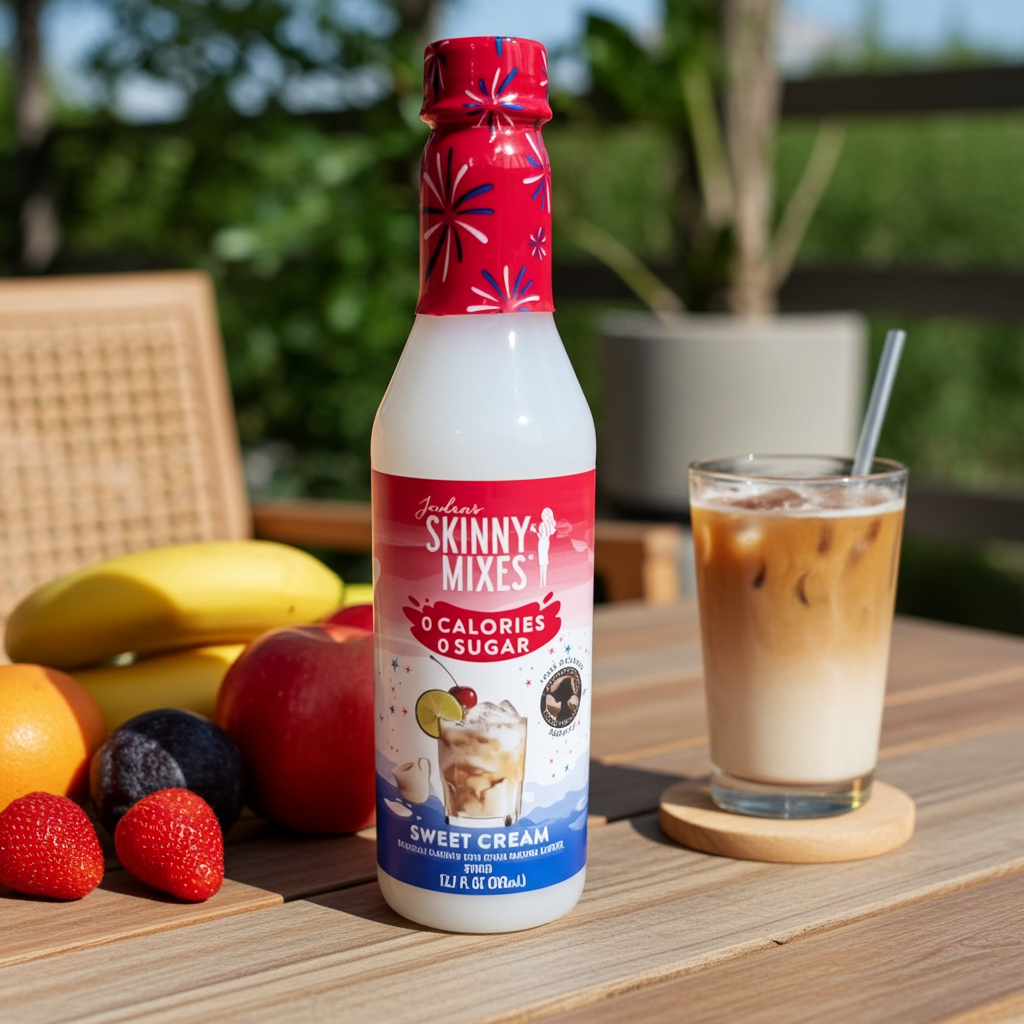 A bottle of Jodran's Skinny Mix Sweet Cream 375ml next to an iced coffee and sweet fruit