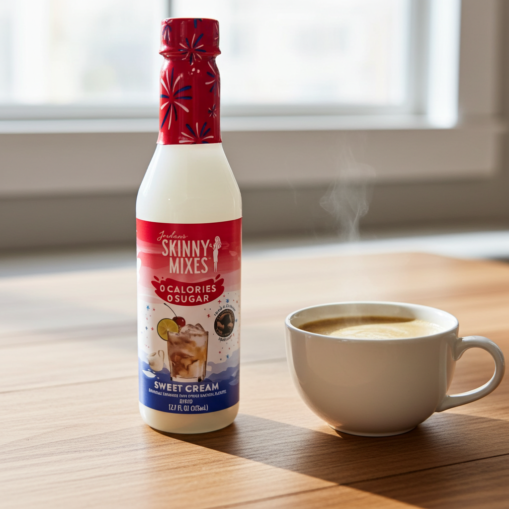 A bottle of Jordan's Skinny Mix 375ml flavor Sweet Cream next to a hot cup of coffee