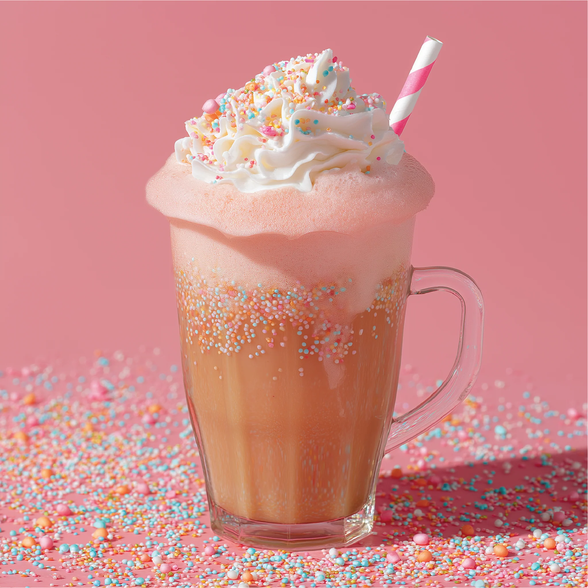 A drink flavored with Jordan's Skinny Mix Birthday Cake topped with whipped cream and sprinkles