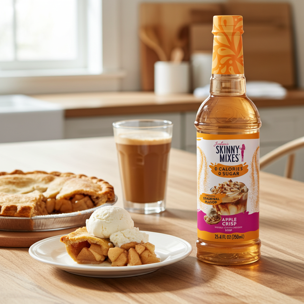 Bottle of Skinny Mixes Apple Crisp syrup on a table with apple pie and coffee.