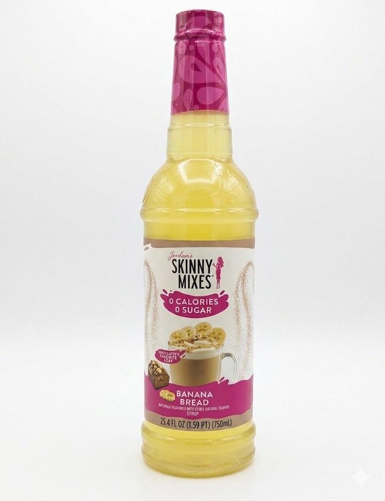Bottle of Skinny Mixes banana bread syrup in a 750ml bottle