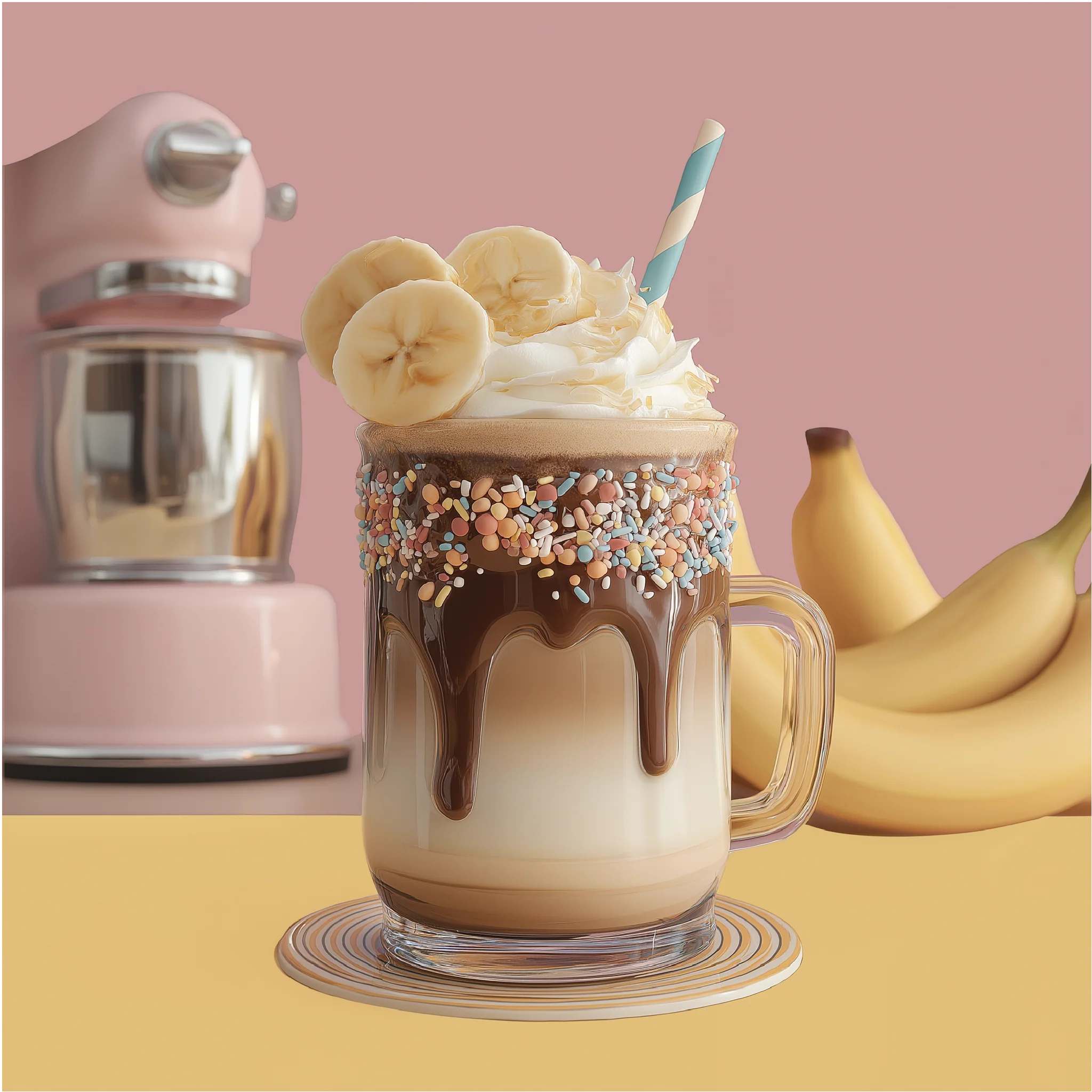 Jordan's Skinny Mix dippin dots banana split flavoring in a malt topped with whipped cream and banana slices and the cup rimmed in chocolate