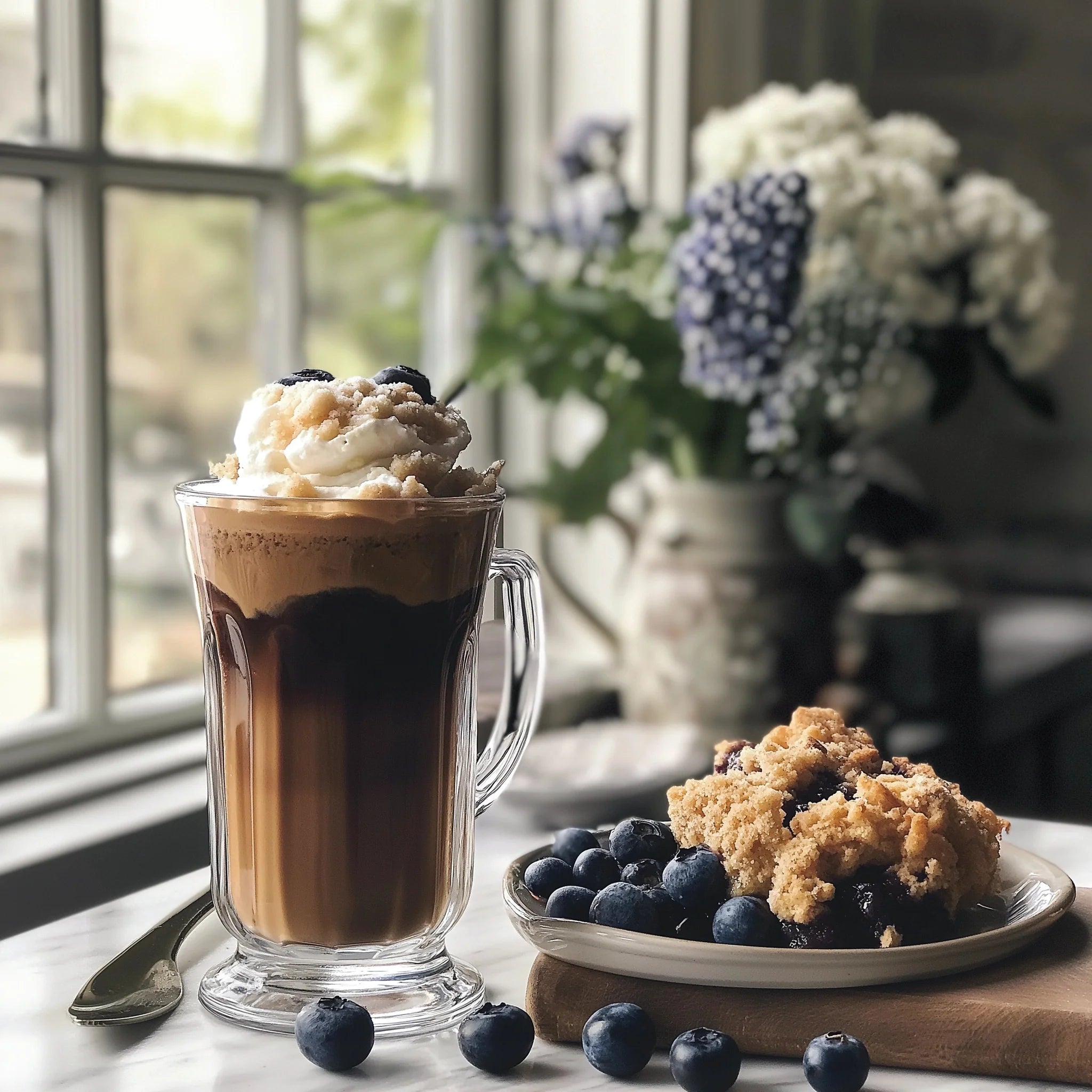 Glass mug of coffee with whipped cream and blueberries, plate of crumble and blueberries on a table with flowers in the background.