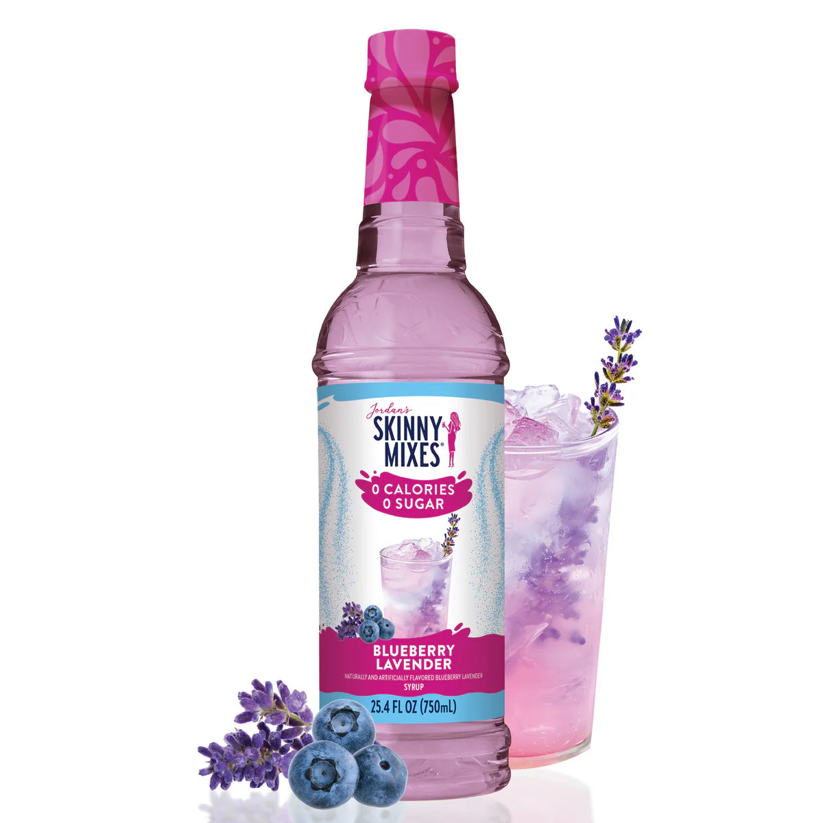 Jordan's Skinny Mixes Blueberry Lavender syrup bottle with a glass of lavender drink 