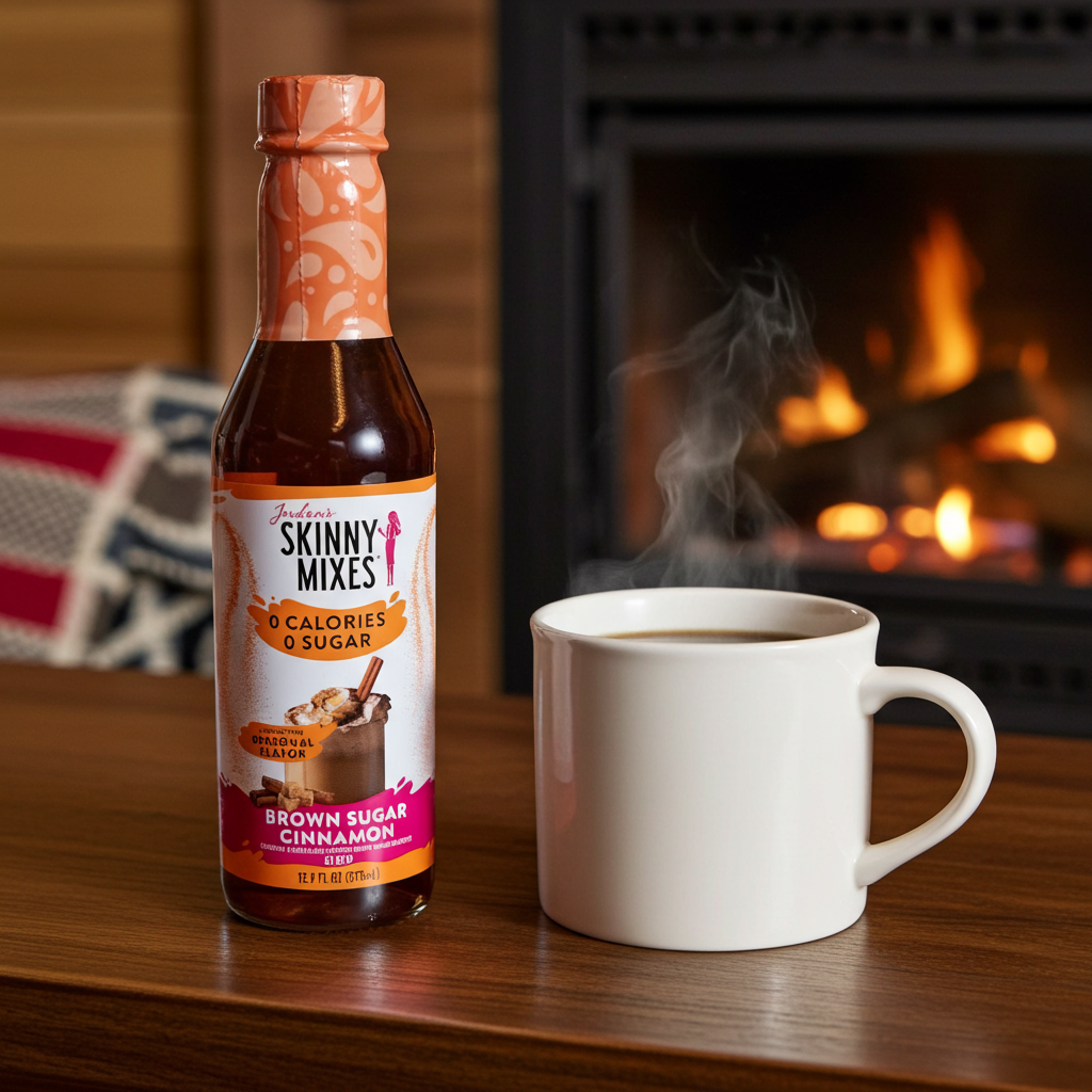Jordan's Skinny Mixes  Brown Sugar Cinnamon Syrup bottle next to a hot cup of coffee on a table.