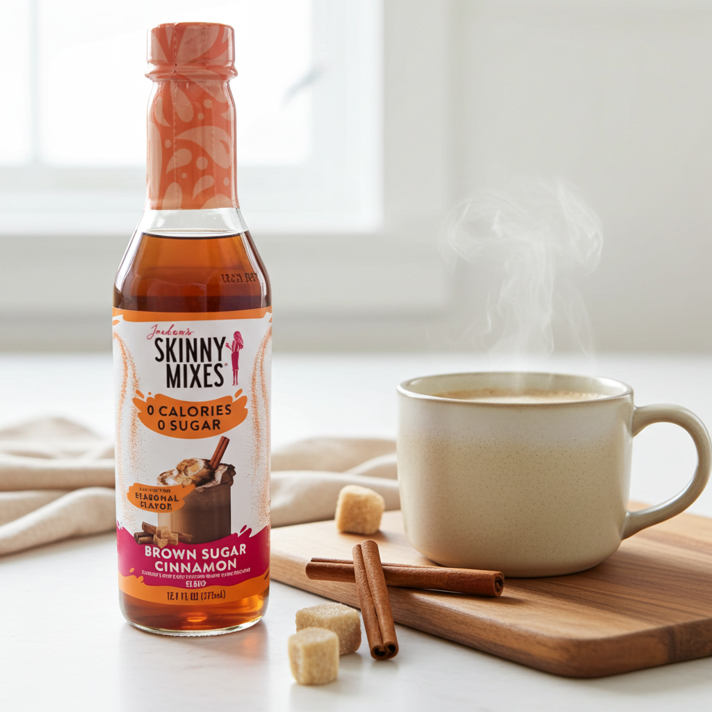 Jordan's Skinny Mixes  Brown Sugar Cinnamon Syrup bottle next to a hot cup of coffee and cinnamon sticks. 