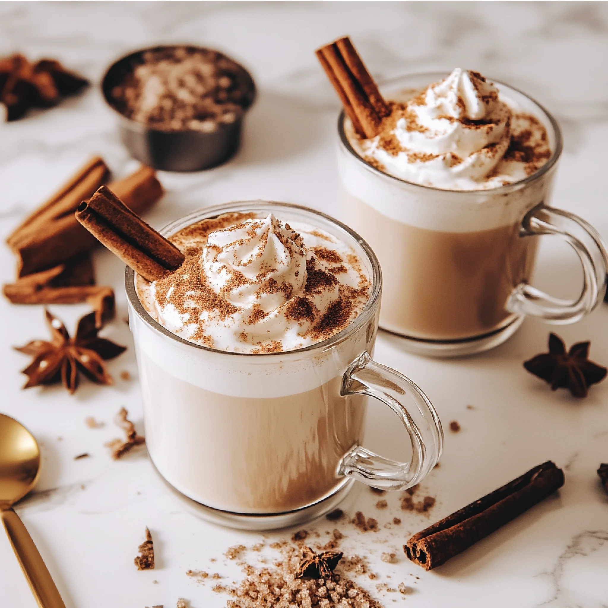 Two mugs of hot chocolate with whipped cream, cinnamon sticks