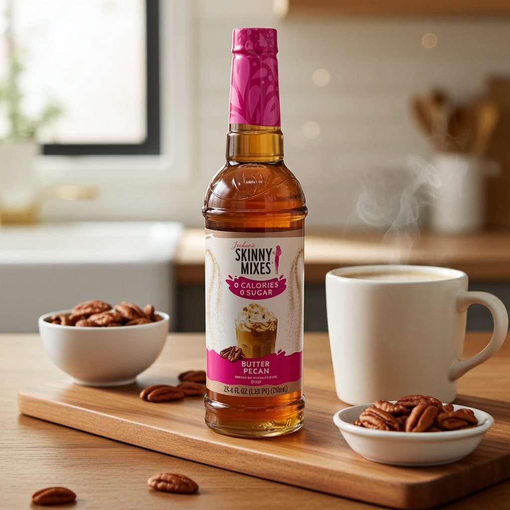 Jordan's Skinny Mixes Butter Pecan syrup with a cup of coffee and pecans.