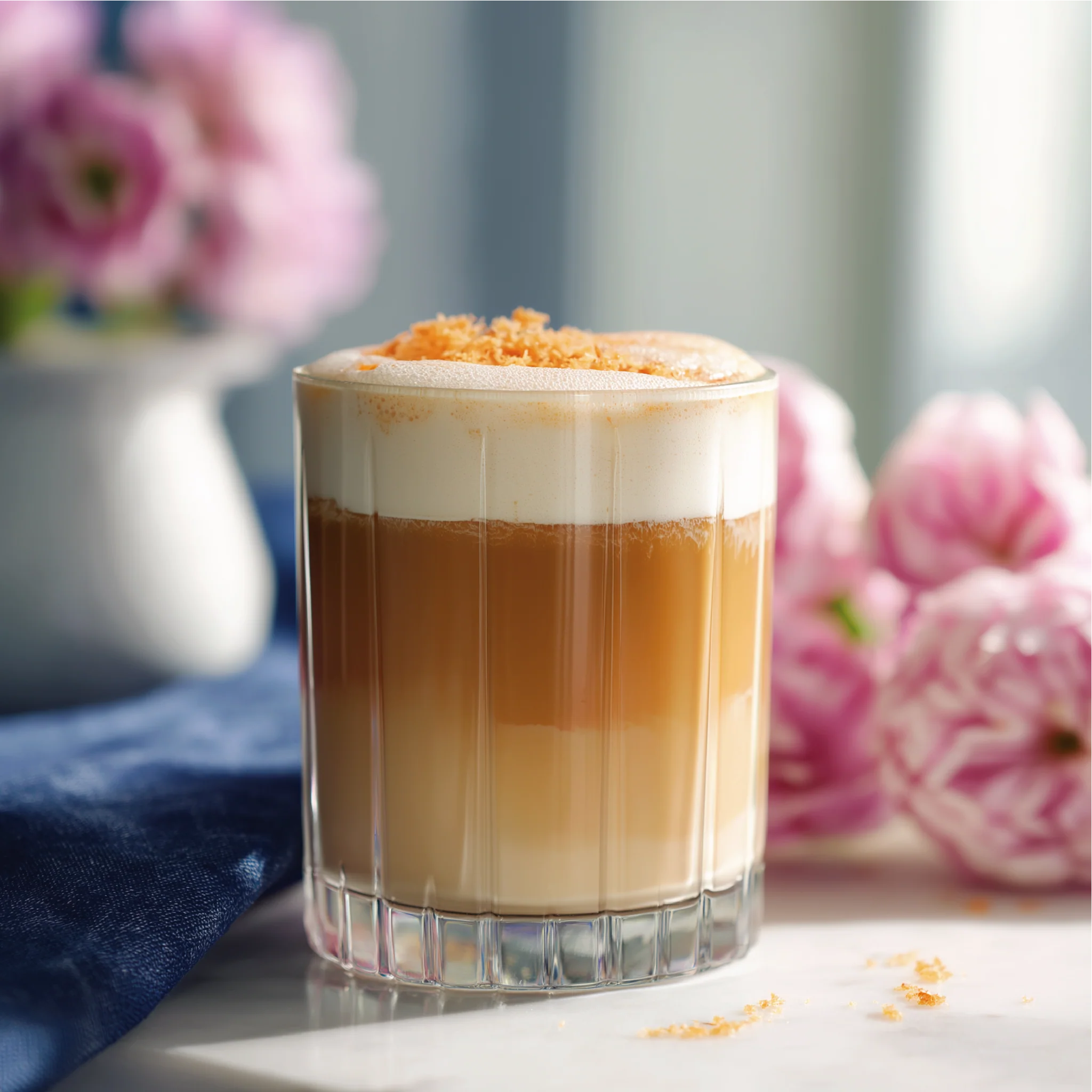 Layered coffee drink with a decorative topping in a glass