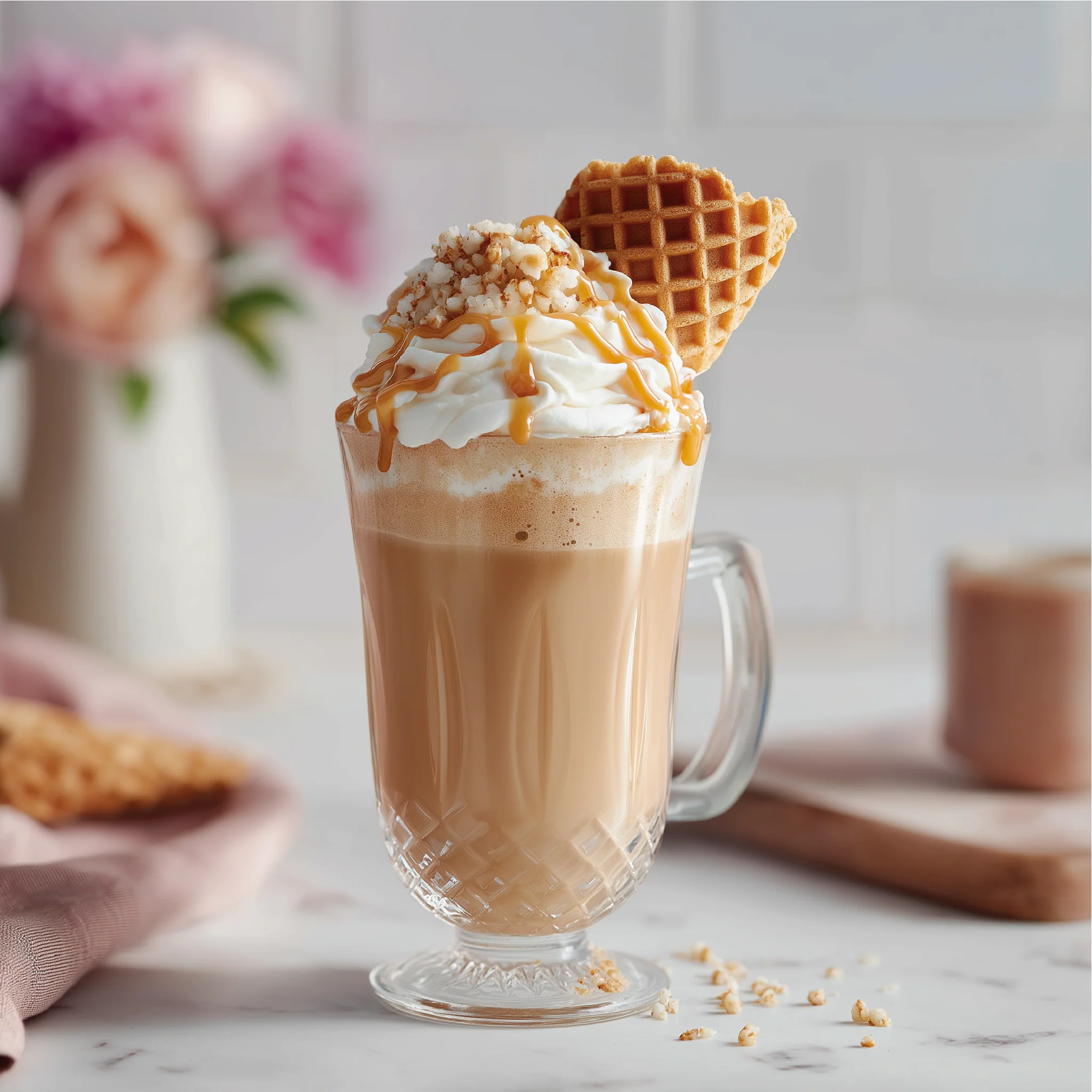 Hot chocolate with whipped cream, waffle, and caramel drizzle in a glass mug 