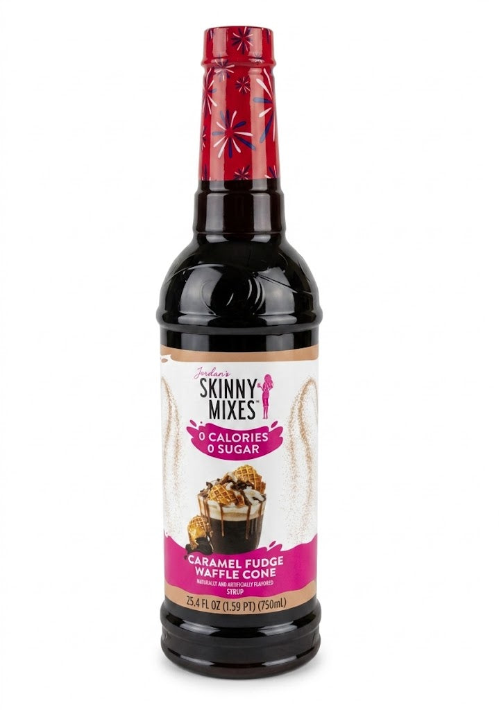 Bottle of Jordan's Skinny Mixes syrup caramel fudge waffle cone flavor