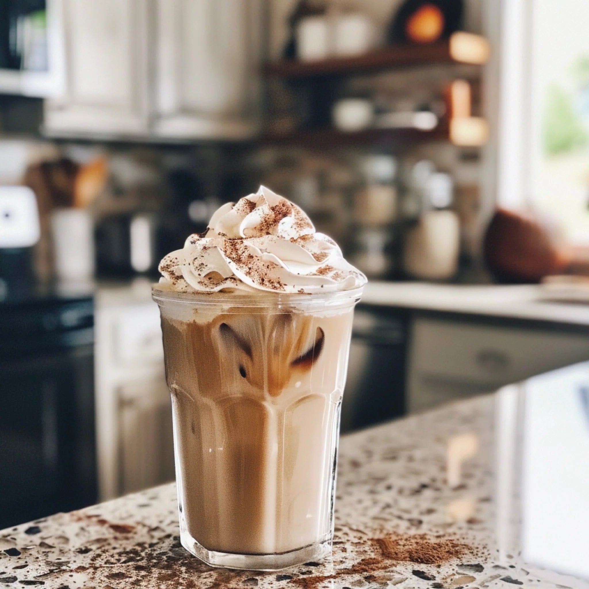Iced cappuccino with whipped cream  flavored with caramel syrup.