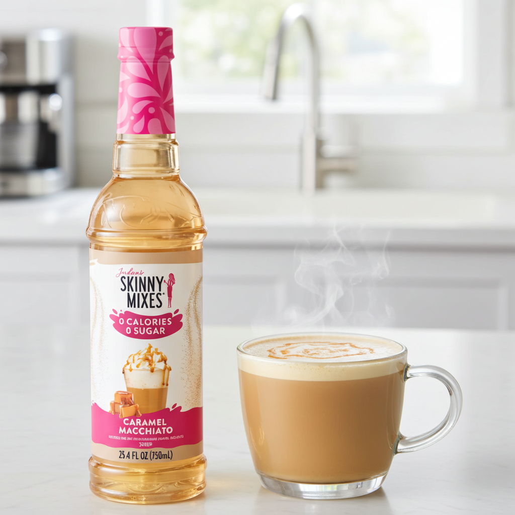 Jordan's Skinny Mixes caramel macchiato syrup bottle with a steaming cup of coffee.