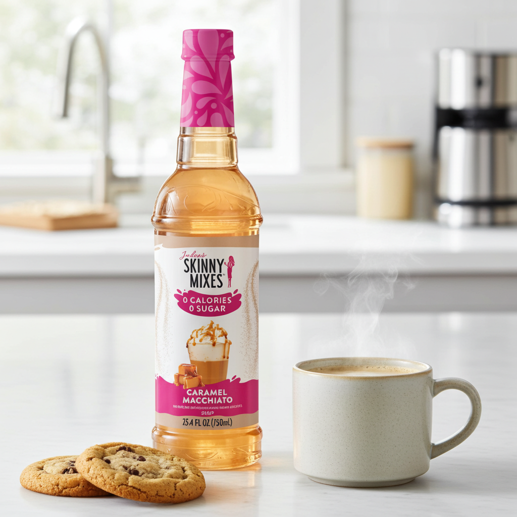 Jordan's Skinny Mixes caramel macchiato syrup bottle with cookies and a mug of hot coffee. 