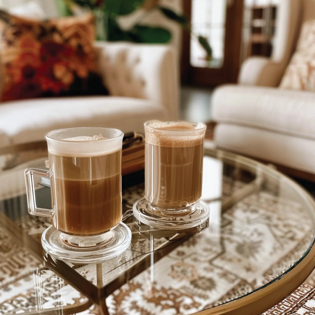 Two glasses of Jordon's Skinny Mix Chai syrup flavored latte on a glass table with a cozy living room background