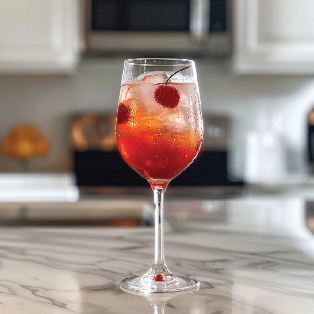 Jordan's Skinny Mix Cherry Syrup flavored sparkling water in a glass, making a red cocktail with a cherry in for garnish.