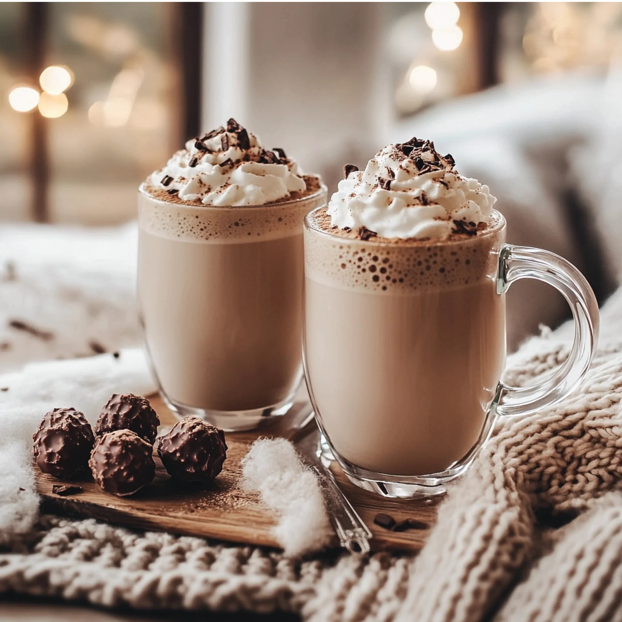 Jordan's Skinny Mix Chocolate Caramel Truffle Syrup flavoring two hot mugs of coco next to chocolate truffle candy.