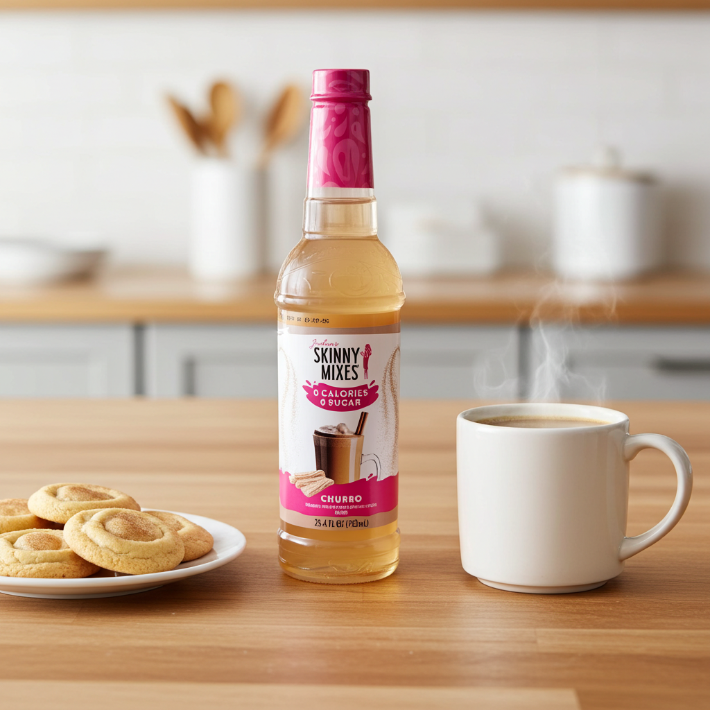 Jordan's Skinny Mixes Churro syrup  with cookies and a mug of coffee.