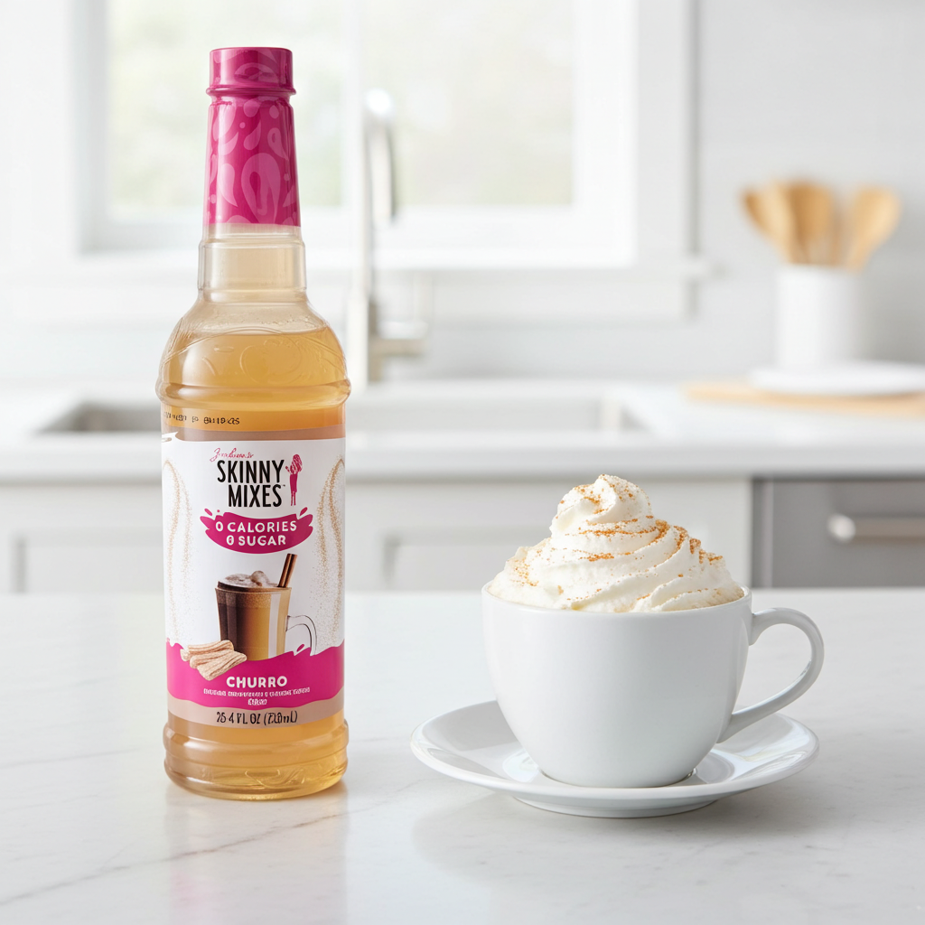 Jordan's Skinny Mixes Churro syrup bottle next to a cup of coffee with whipped cream on a kitchen counter.