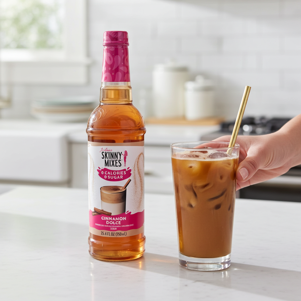 Jordan's Skinny Mixes cinnamon dolce syrup next to a glass of iced coffee on a kitchter.en coun