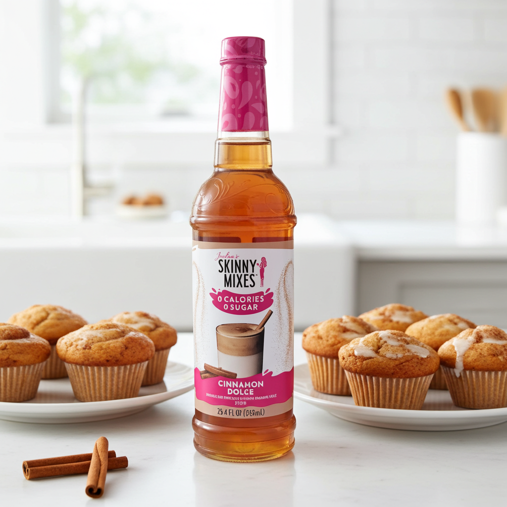 Jordan's Skinny Mixes Cinnamon Spice syrup in a bottle with muffins in the background