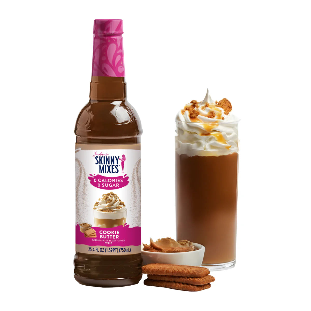 Jordan's Skinny Mixes Cookie Butter syrup bottle with a glass of dessert and cookies
