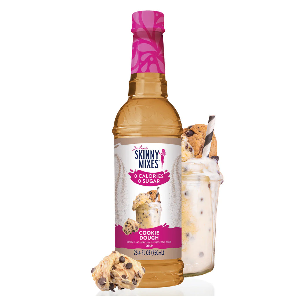Jordan's Skinny Mixes Cookie Dough syrup bottle with a scoop of ice cream and cookie dough
