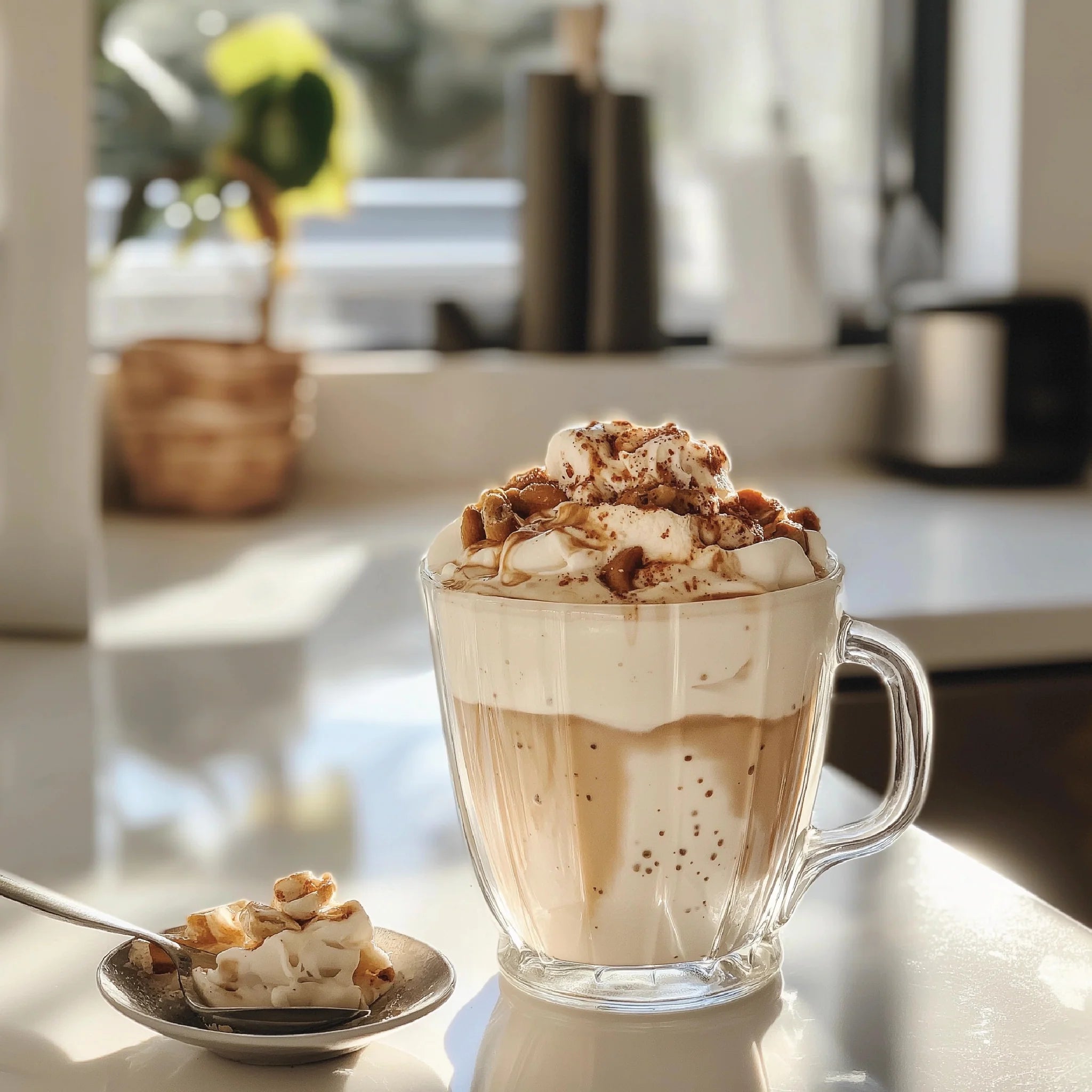 Glass mug of hot chocolate with whipped cream and  toppings.