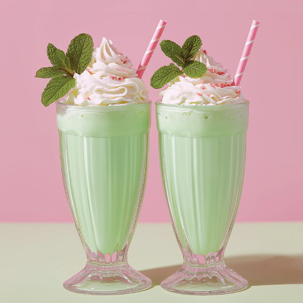 Jordan's Skinny Mix Dippin Dot Mint Chocolate Ice Cream syrup flavoring two shakes topped with whipped cream and sprinkles and sprig of mint
