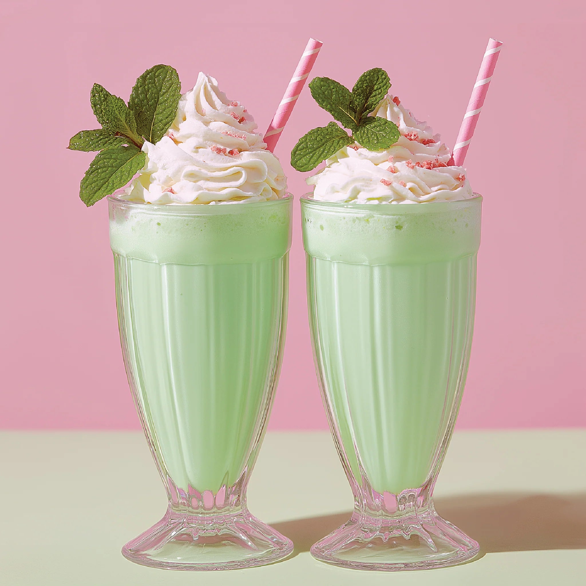 Jordan's Skinny Mix Dippin Dot Mint Chocolate Ice Cream syrup flavoring two shakes topped with whipped cream and sprinkles and sprig of mint