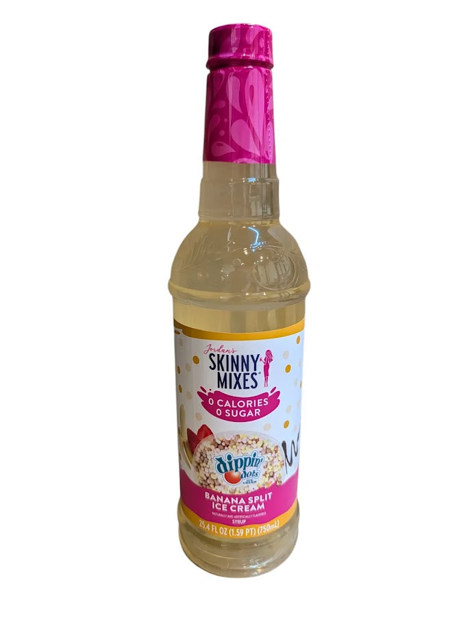 A Bottle of Jordan's Skinny Mix Dippin Dot Banana split syrup in a 750ml bottle