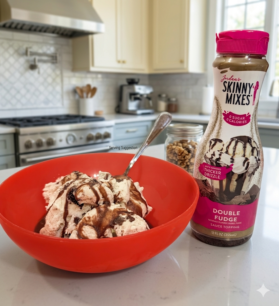 Bowl of ice cream with a bottle of Skinny Mixes Double Fudge sauce that was place on top of ice cream.
