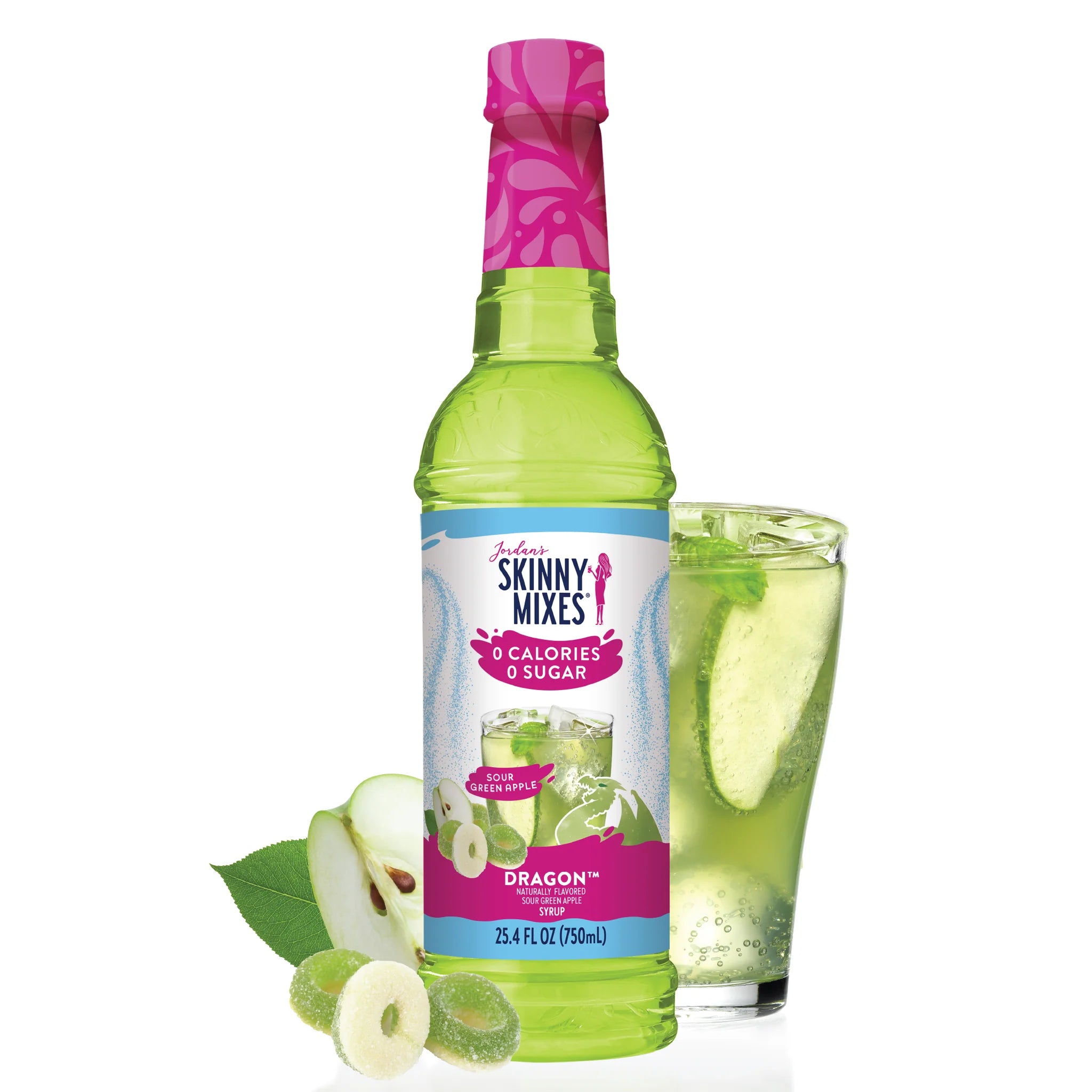 Jordan's Skinny Mixes Dragon fruit syrup bottle with a glass of juice and dragon fruit slices