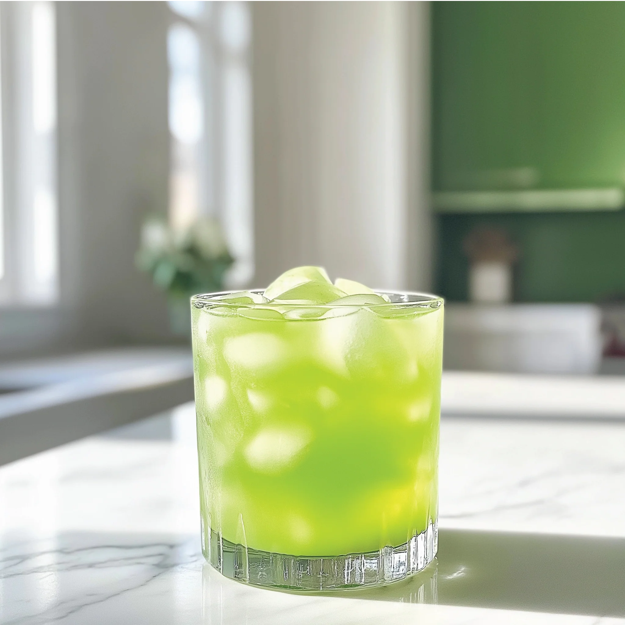 Clear glass with green liquid and ice cubes using Jordan's Skinny Mixes Dragon flavoring on a white surface