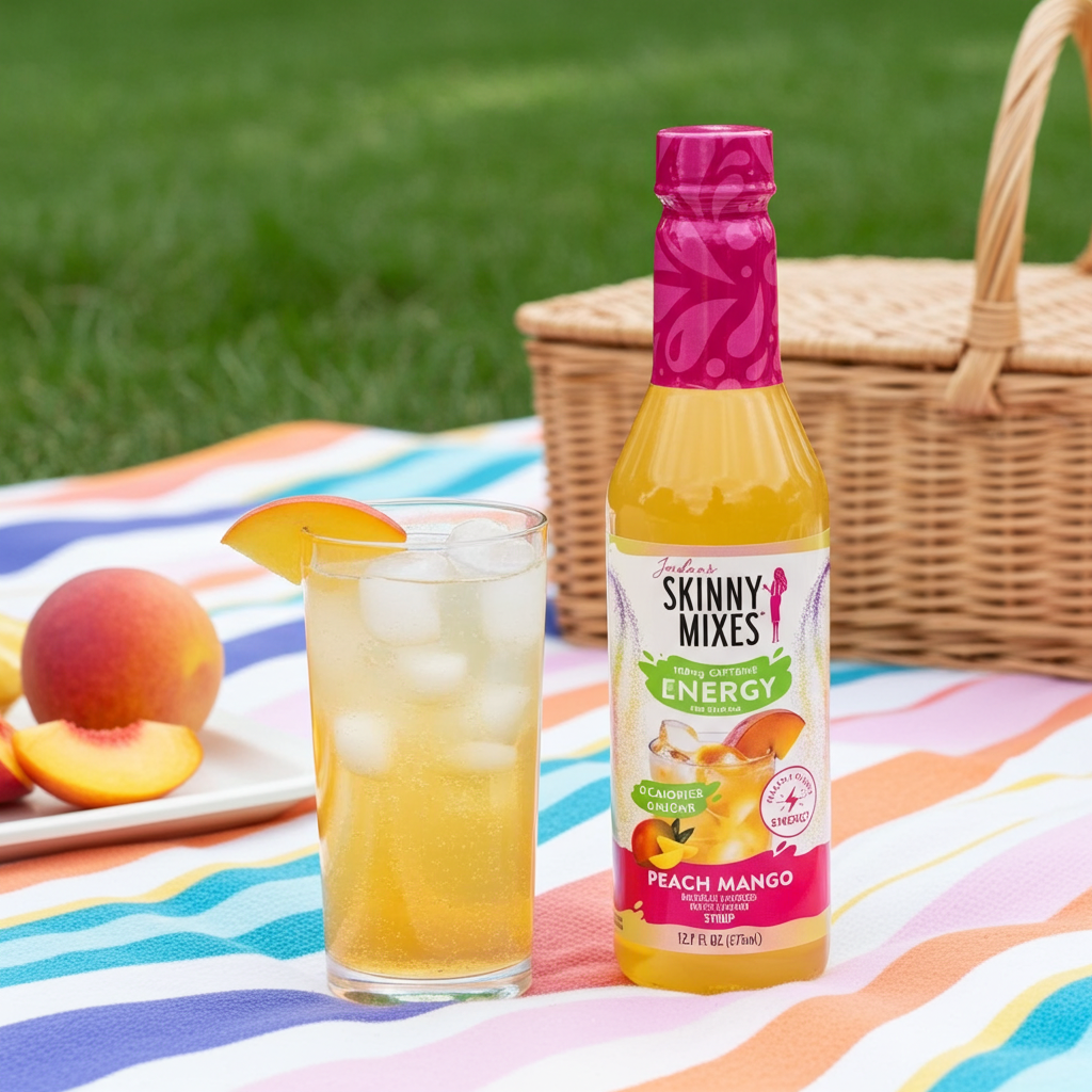 Jordan's Skinny Mixes Peach Mango drink bottle with a glass of peach mango juice on a picnic blanket.