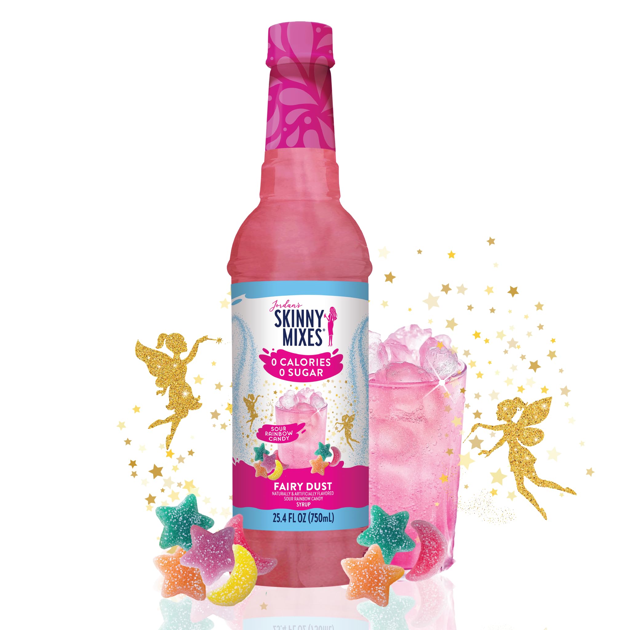  Jordan's Skinny Mixes Fairy Dust Syrup in a bottle with a glass of flavored water and fun shape candies around the bottle