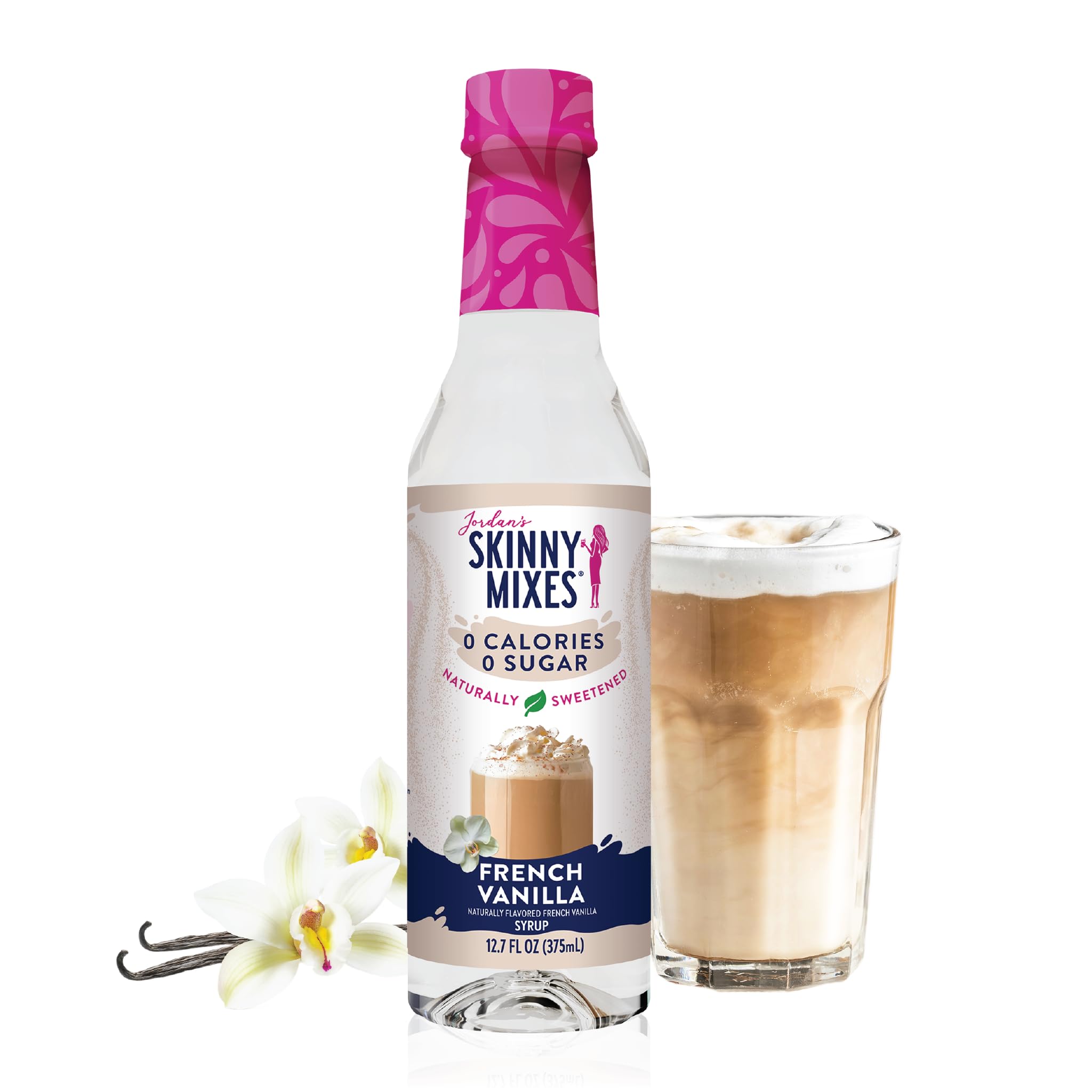 Jordan's Skinny Mixes Syrups Sugar Free French Vanilla Syrup with a glasse on iced coffee