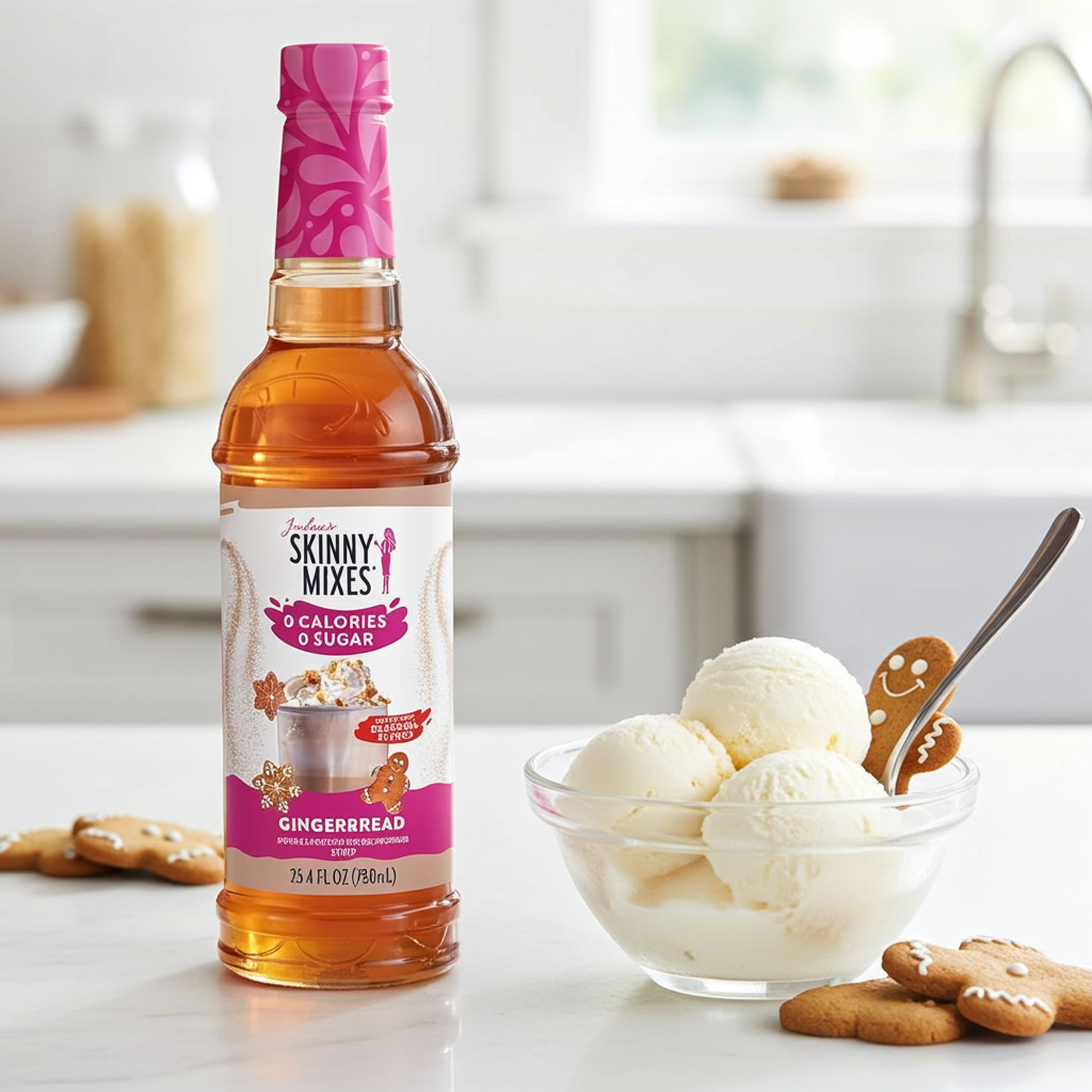 Bottle of Jordan's Skinny Mixes Gingerbread syrup with a bowl of ice cream and cookies on a kitchen counter.
