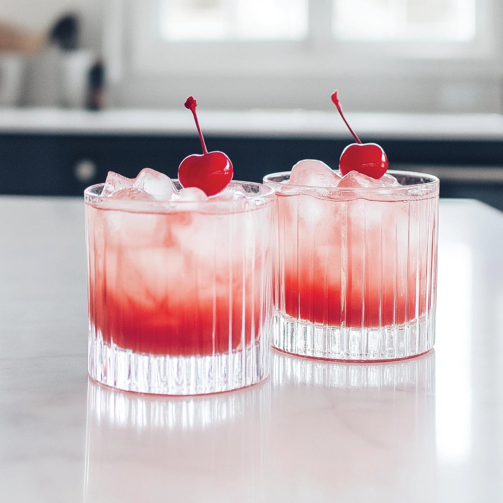 Jordan's Skinny Mix Grenadine syrup flavored adult beverages in glass with a cherry for garnish.
